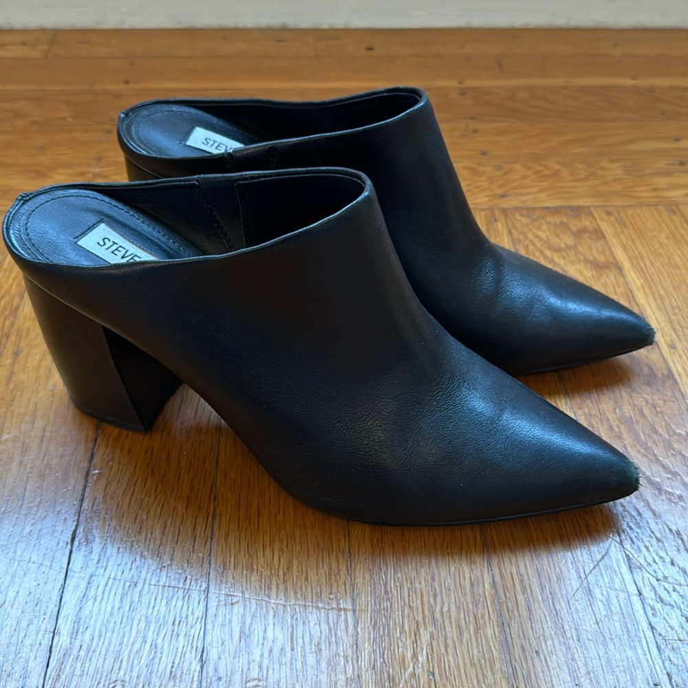 Steve Madden Solid Black Leather Block-heeled Mule - Picture 2 of 13